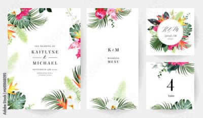 Papier peint  Tropical flowers and leaves vector design cards. White orchid, strelitzia, protea, medinilla, monstera, jungle palm leaves