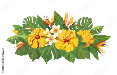 Papier peint  Tropical flowers bouquet. Floral composition with yellow hibiscus, strelitzia, plumeria and palm leaves. Vector illustration.