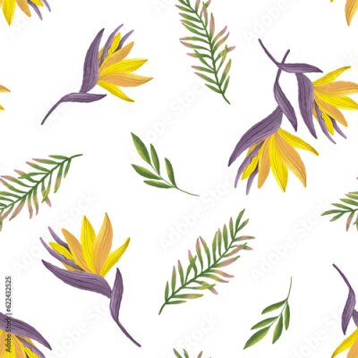 Papier peint  Tropical flowers bouquet seamless border. Strelitzia flower hand painted endless pattern on white background design, wallpaper with exotic leaves, jungle flowers 