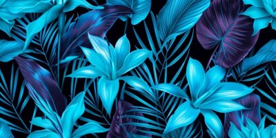 Papier peint  tropical flowers exotic premium blue neon strelitzia flowers seamless pattern, hand-drawn style fabric vintage 3D illustration, glamorous digital art dark background design luxury wallpaper
