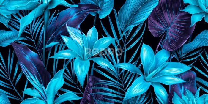 Papier peint  tropical flowers exotic premium blue neon strelitzia flowers seamless pattern, hand-drawn style fabric vintage 3D illustration, glamorous digital art dark background design luxury wallpaper