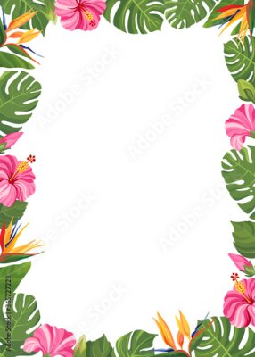 Papier peint  Tropical flowers frame. Hibiscus and strelitzia floral border with place for text. Vector illustration.
