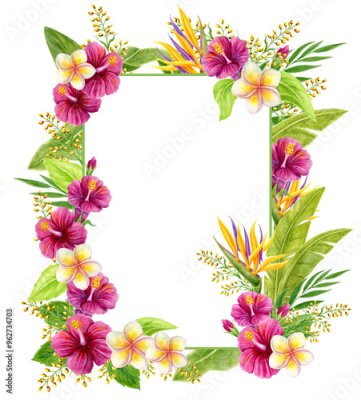 Papier peint  Tropical flowers frame. Watercolor painting with  Hibiscus rose, strelitzia, frangipani and palm leaves isolated on white background. Floral summer border.