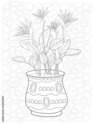 Papier peint  tropical flowers in a beautiful vase on the stone floor. strelitzia. black and white freehand drawing. coloring book for children and adults. template, cover, poster, print.