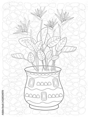 Papier peint  tropical flowers in a beautiful vase on the stone floor. strelitzia. black and white freehand drawing. coloring book for children and adults. template, cover, poster, print.