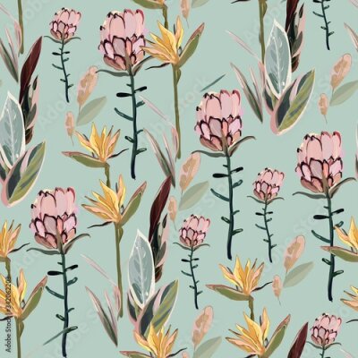 Papier peint  Tropical flowers, protea and strelitzia and palm leaves on a red background. Hand-drawn seamless vector pattern. Square repeating design for fabric, cards, wallpapers