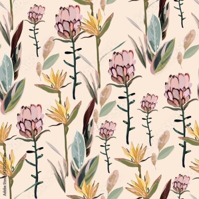 Papier peint  Tropical flowers, protea and strelitzia and palm leaves on a red background. Hand-drawn seamless vector pattern. Square repeating design for fabric, cards, wallpapers