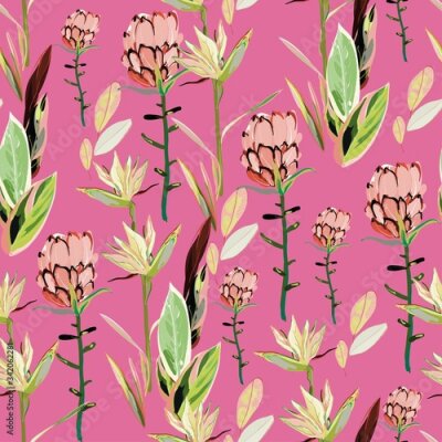 Papier peint  Tropical flowers, protea and strelitzia and palm leaves on a red background. Hand-drawn seamless vector pattern. Square repeating design for fabric, cards, wallpapers