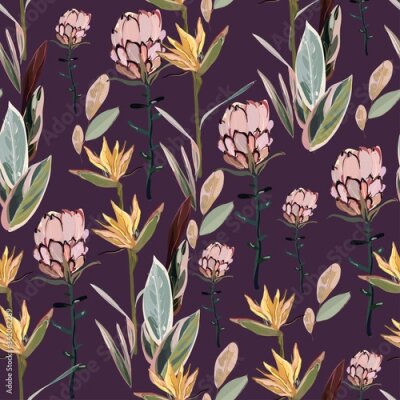 Papier peint  Tropical flowers, protea and strelitzia and palm leaves on a red background. Hand-drawn seamless vector pattern. Square repeating design for fabric, cards, wallpapers