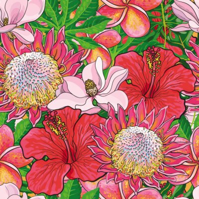Tropical flowers seamless pattern with hand drawn exotic blooms of hibiscus, protea, magnolia and plumeria with green palm leaves. Colorful floral vector illustration in sketch style.