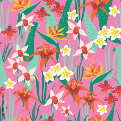 Papier peint  Tropical flowers seamless vector pattern. Exotic Frangipani, Plumeria, Lily, Fuchsia, Strelitzia reginae, Bird of Paradise Flower on a pink background. Repeating summer florals for fabric, wallpaper