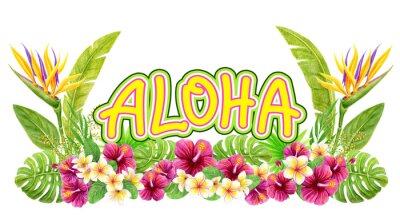 Papier peint  Tropical flowers. Watercolor painting with strelitzia, hibiscus, frangipani and palm leaves. Design border element. Aloha Hawaii greeting.