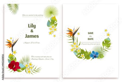 Papier peint  Tropical flowers. Wedding invitation. Blue orchids. Plumeria. Frangipani. Beautiful floral pattern on white background. Postcard. Green palm leaves. Strelitzia. Red hibiscus.