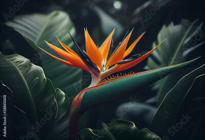 Papier peint  Tropical forest, Bird of paradise flower or strelitzia reginae blooming on green nature background. Generative AI