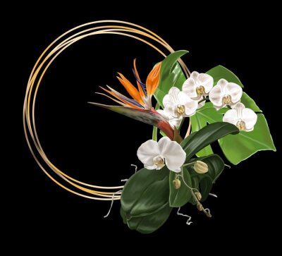 Papier peint  Tropical frame. Golden frame, orchids, monstera and strelitzia.