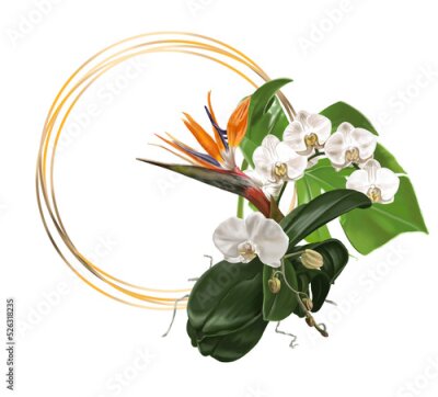 Papier peint  Tropical frame. Golden frame, orchids, monstera and strelitzia.