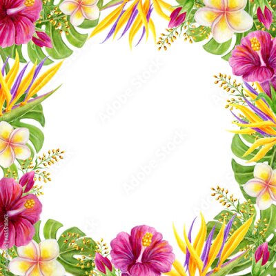 Papier peint  Tropical frame. Hand drawn watercolor painting with hibiscus, strelitzia, paradise bird flowers and palm leaves.