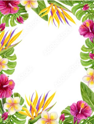 Papier peint  Tropical frame. Hand drawn watercolor painting with hibiscus, strelitzia, paradise bird flowers and palm leaves.