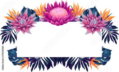 Papier peint  Tropical frame made of watercolor protea and strelitzia flowers and palm leaves in neon colors