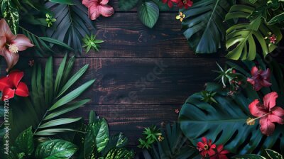Papier peint  Tropical frame with Calathea leaves, palm leaves and Strelitzia flowers. Tropical green leaves for decoration of art frame wallpaper,card on wooden background.