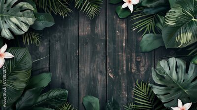 Papier peint  Tropical frame with Calathea leaves, palm leaves and Strelitzia flowers. Tropical green leaves for decoration of art frame wallpaper,card on wooden background.