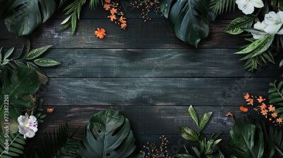 Papier peint  Tropical frame with Calathea leaves, palm leaves and Strelitzia flowers. Tropical green leaves for decoration of art frame wallpaper,card on wooden background.