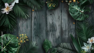 Papier peint  Tropical frame with Calathea leaves, palm leaves and Strelitzia flowers. Tropical green leaves for decoration of art frame wallpaper,card on wooden background.