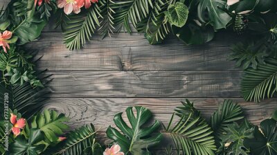 Papier peint  Tropical frame with Calathea leaves, palm leaves and Strelitzia flowers. Tropical green leaves for decoration of art frame wallpaper,card on wooden background.