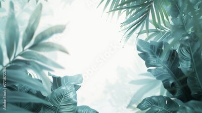 Papier peint  Tropical frame with Calathea leaves, palm leaves and Strelitzia flowers. Tropical green leaves for decoration of art frame wallpaper,card on wooden background.