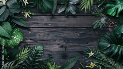 Papier peint  Tropical frame with Calathea leaves, palm leaves and Strelitzia flowers. Tropical green leaves for decoration of art frame wallpaper,card on wooden background.