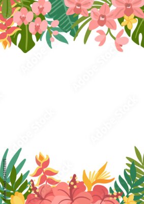 Papier peint  Tropical frame with palm leaves, hibiscus, strelitzia, orchid and plumeria flowers. Beautiful floral background for wedding invitations, greeting cards, home decor. Modern vector illustration.