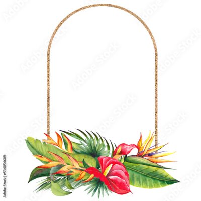 Papier peint  Tropical frame with red lily, strelitzia and heliconia flowers. Watercolor illustration on white background.