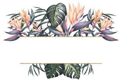 Papier peint  Tropical Frame with Watercolor Strelitzia Flowers and Gold Elements