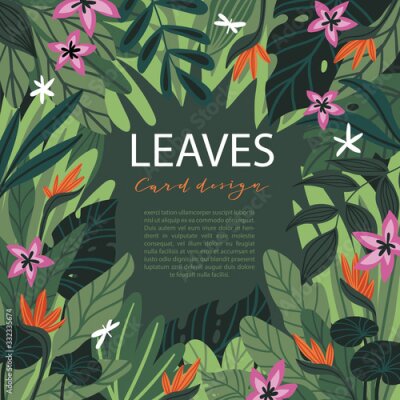 Papier peint  Tropical green frame with place for your text. Vector background with tropical leaves and flowers. Monstera and strelitzia.