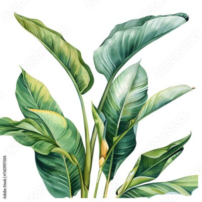 Papier peint  Tropical green leaves strelitzia on white background, watercolor illustration, botanical painting, jungle design
