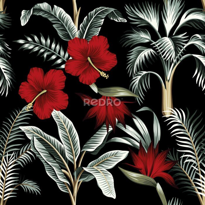 Papier peint  Tropical Hawaiian vintage flower red hibiscus and strelitzia floral green palm trees, banana leaves seamless pattern black background. Exotic jungle wallpaper.