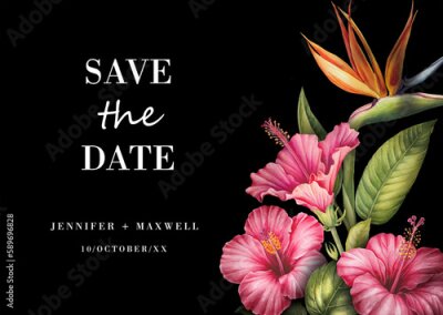 Papier peint  Tropical invitation with hibiscus and strelitzia.