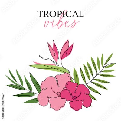 Papier peint  Tropical Isolate composition of exotic big leaves, bamboo, hawaii flower, hibiscus, Strelitzia. Outline vector illustration Biophilia can be use to wedding invitation in hand drawn one line art style.