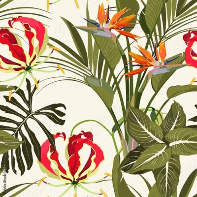 Papier peint  Tropical jungle plants, exotic green  leaves and Gloriosa glory lily, strelitzia paradise flowers on light background. Beach seamless pattern.