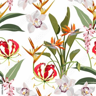 Papier peint  Tropical jungle plants, exotic green  leaves and Gloriosa glory lily, strelitzia paradise flowers, orchid and other flowers on light background. Beach seamless pattern.