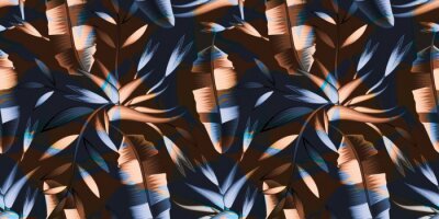 Papier peint  tropical jungle plants illustration seamless pattern with colorful abstract banana leaves and foliage on dark background. strelitzia flower background. nature wallpaper decorative. vector design