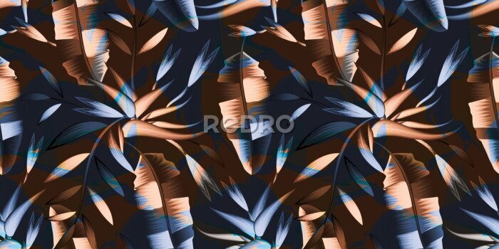 Papier peint  tropical jungle plants illustration seamless pattern with colorful abstract banana leaves and foliage on dark background. strelitzia flower background. nature wallpaper decorative. vector design