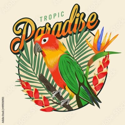 Papier peint  Tropical labels with parrot and heliconia, strelitzia, leaves palm  isolated vector. Emblem for t-shirts.