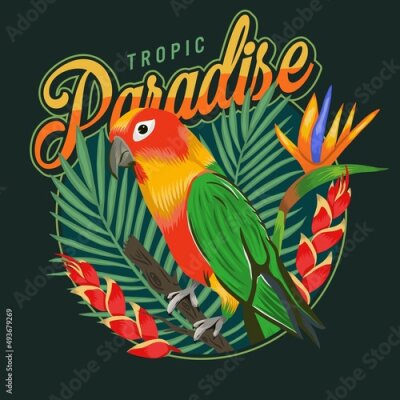 Papier peint  Tropical labels with parrot and heliconia, strelitzia, leaves palm  isolated vector. Emblem for t-shirts.