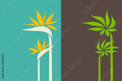 Papier peint  Tropical leaves and exotic flowers. Set of stylish vector decorative illustrations