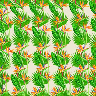 Papier peint  Tropical leaves and flowers seamless pattern. Jungle exotic strelitzia and leaf on light shade of yellow background.
