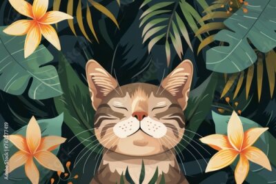 Papier peint  Tropical leaves and orange strelitzia plumeria flowers, cat with closed eyes. Botanical art, animals, meditation, self-care concept.