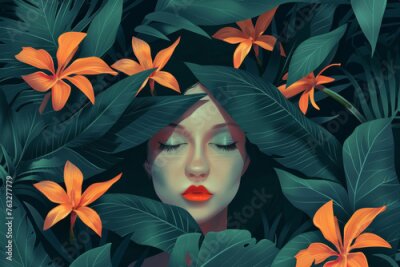 Papier peint  Tropical leaves and orange strelitzia plumeria flowers with a woman's face on a dark background. Botanical art, fashion, self-care, meditation concept.