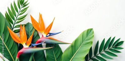 Papier peint  Tropical leaves and Strelitzia flowers arrangement on white background,  nature,  botanical