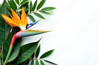 Papier peint  Tropical leaves and strelitzia flowers arrangement on white background,  tropical leaves, tropical